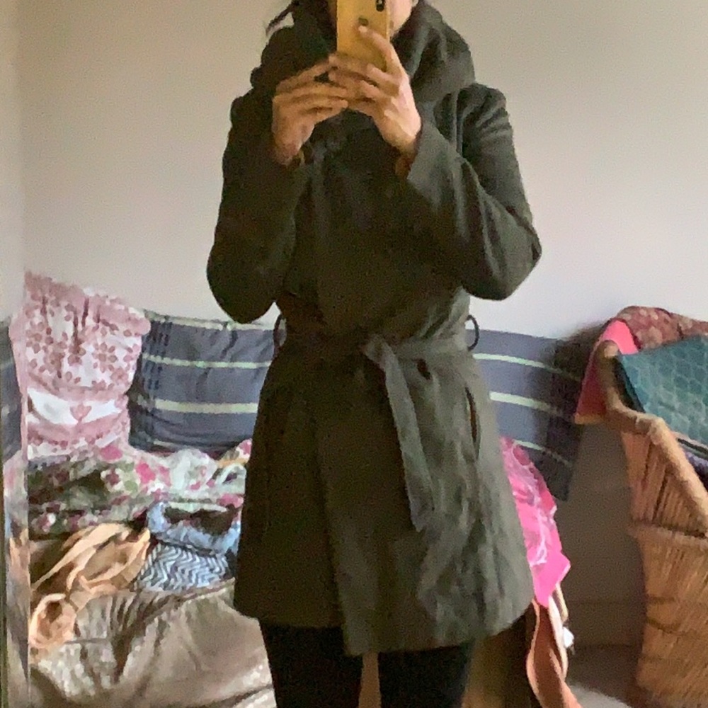 OLIVE GREEN WINTER COAT: Double breast, knee length. Unique collar-hood - Picture 1 of 16